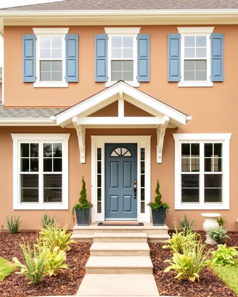 tan house with gray blue accents - 30 Tan House Color Schemes