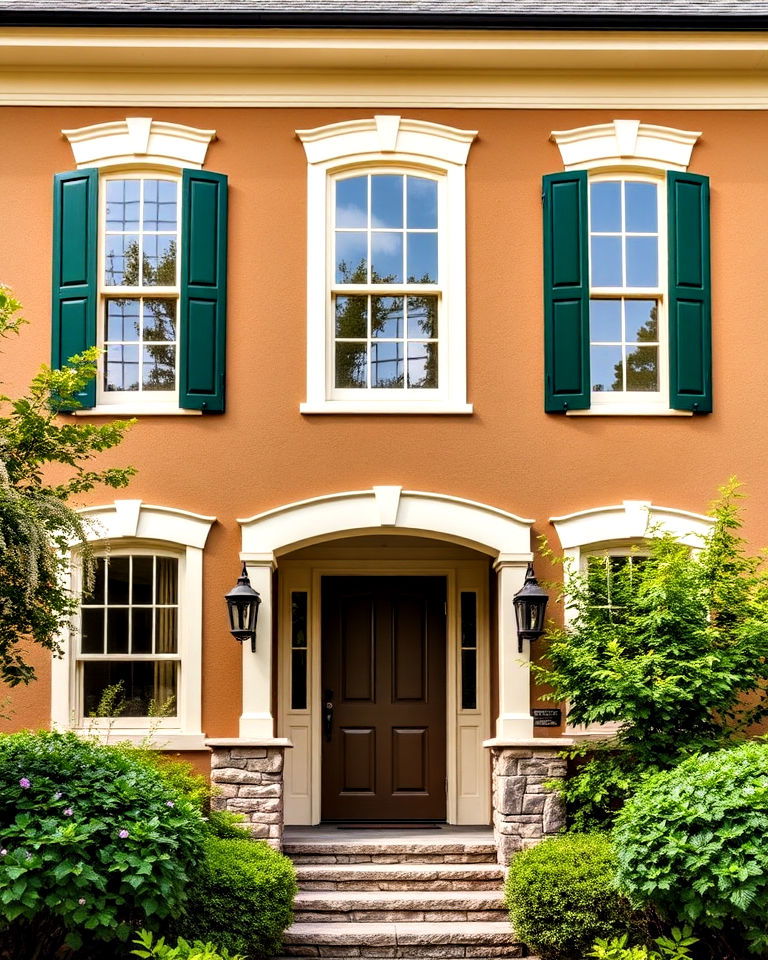 tan house with hunter green accents - 30 Tan House Color Schemes