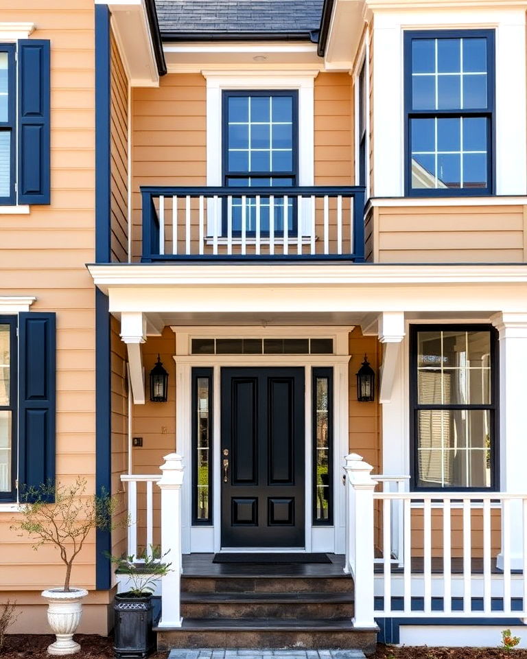 tan house with navy blue trim - 30 Tan House Color Schemes