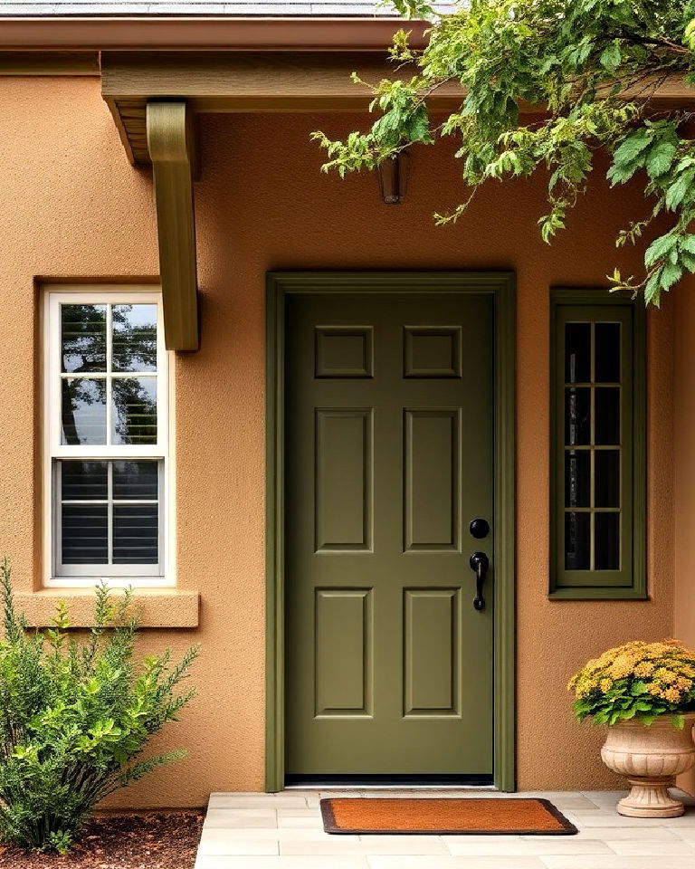 tan house with olive green accents - 30 Tan House Color Schemes