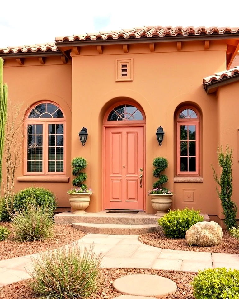tan house with peach accents - 30 Tan House Color Schemes