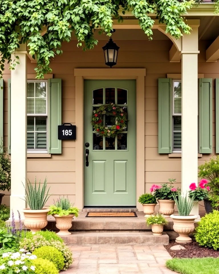 tan house with sage green - 30 Tan House Color Schemes