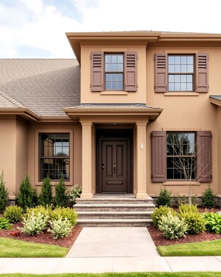 tan house with taupe details - 30 Tan House Color Schemes