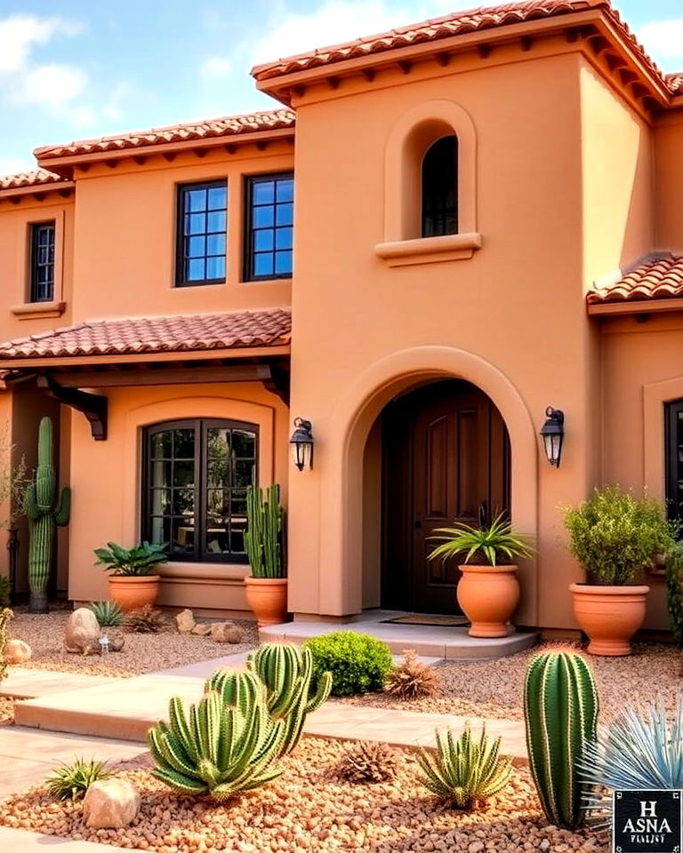 tan house with terracotta highlights - 30 Tan House Color Schemes