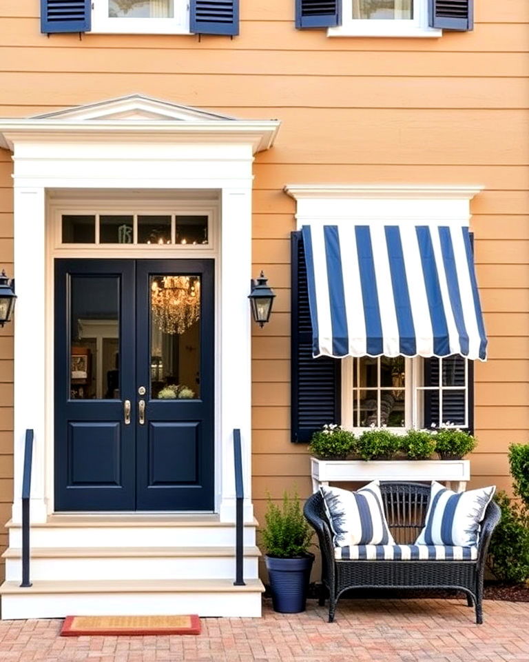 tan house with white and navy blue - 30 Tan House Color Schemes