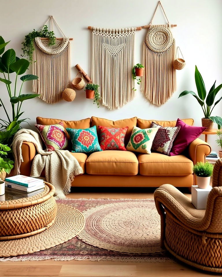 tan sofa into a bohemian dream - 15 Tan Sofa Living Room Ideas