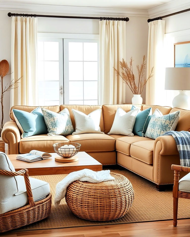 tan sofa with coastal inspired decor - 15 Tan Sofa Living Room Ideas