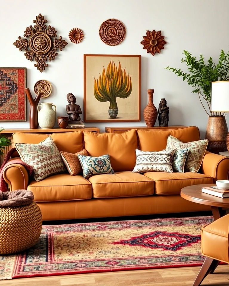 tan sofa with global inspired accents - 15 Tan Sofa Living Room Ideas