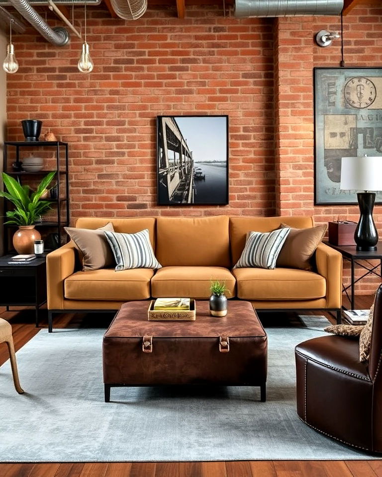 tan sofa with the cool edge of industrial design - 15 Tan Sofa Living Room Ideas