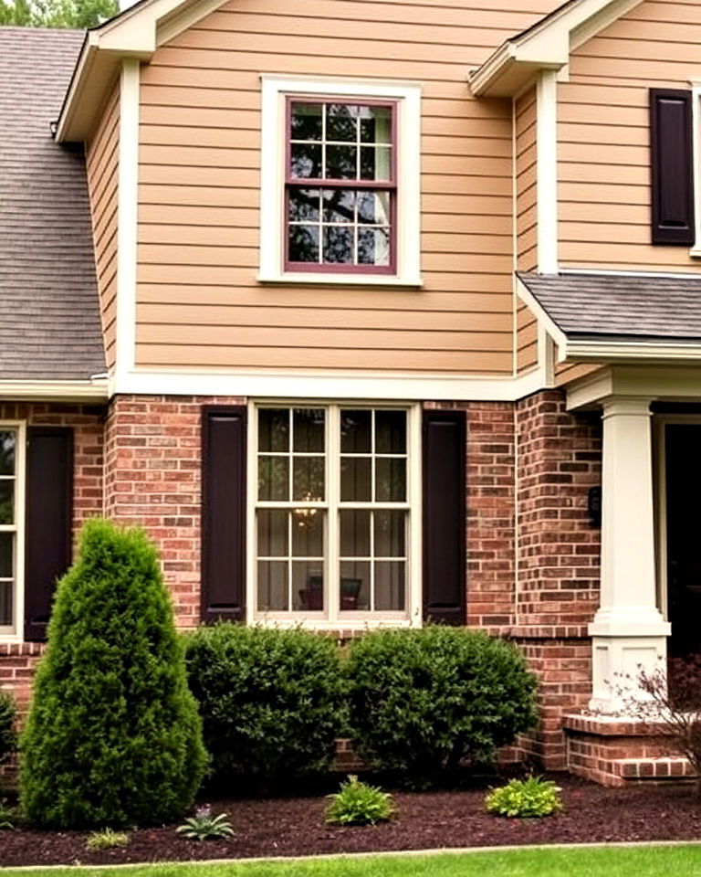 tan vinyl and brown brick siding for rustic homes - 20 Vinyl Siding and Brick Combinations
