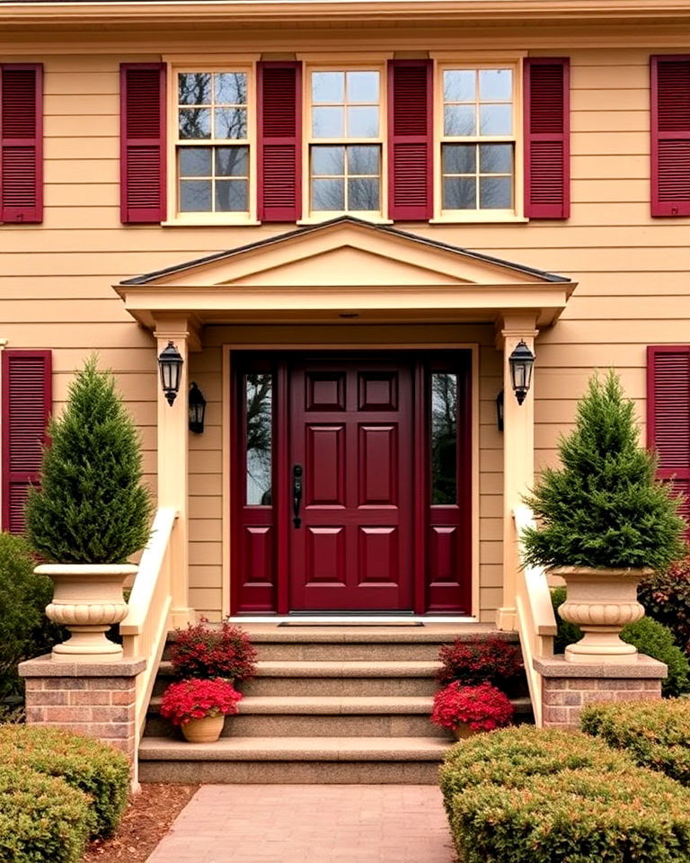 tan with burgundy color scheme accents - 30 Tan House Color Schemes