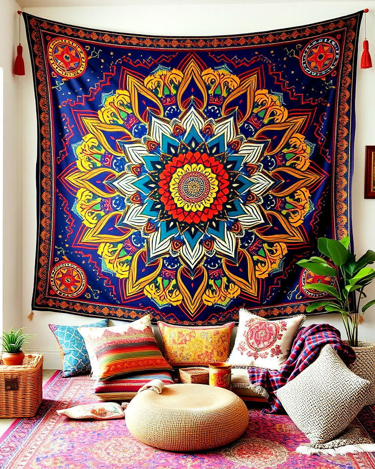 tapestry for a statement wall - 15 Boho Meditation Room Ideas