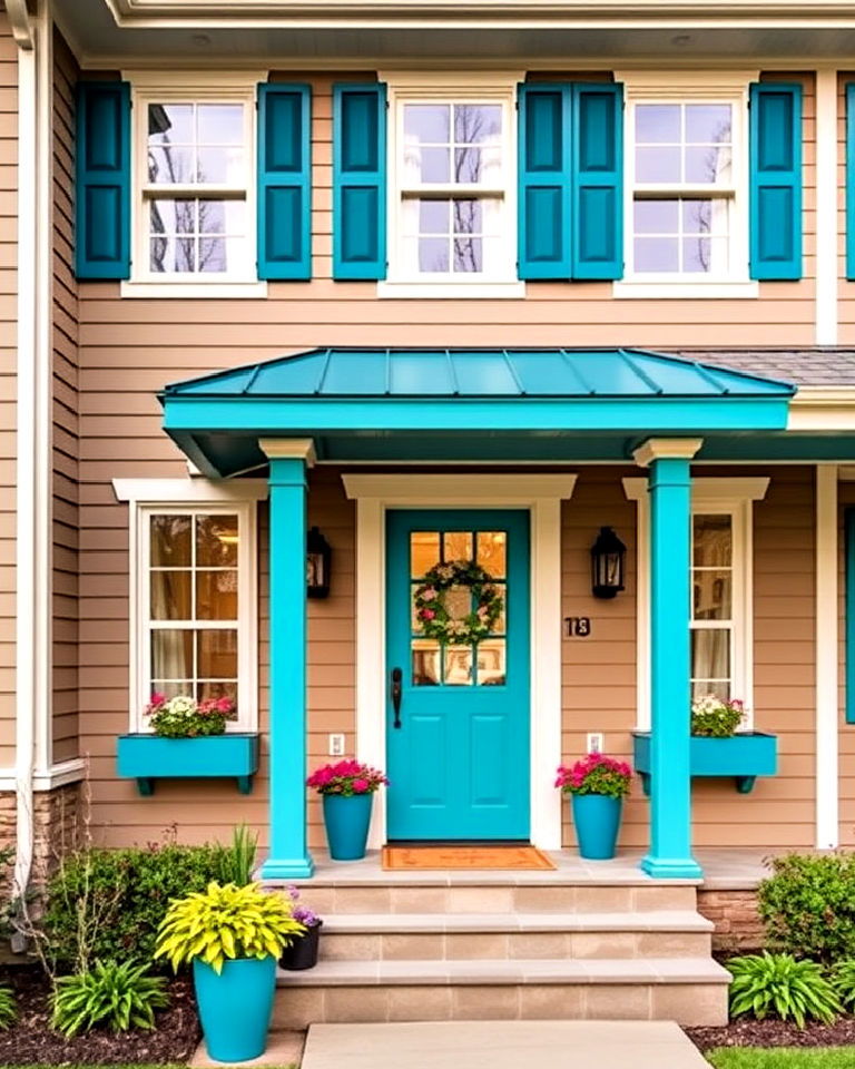 taupe and bold teal exterior to make a statement - 20 Exterior Taupe House Color Combinations
