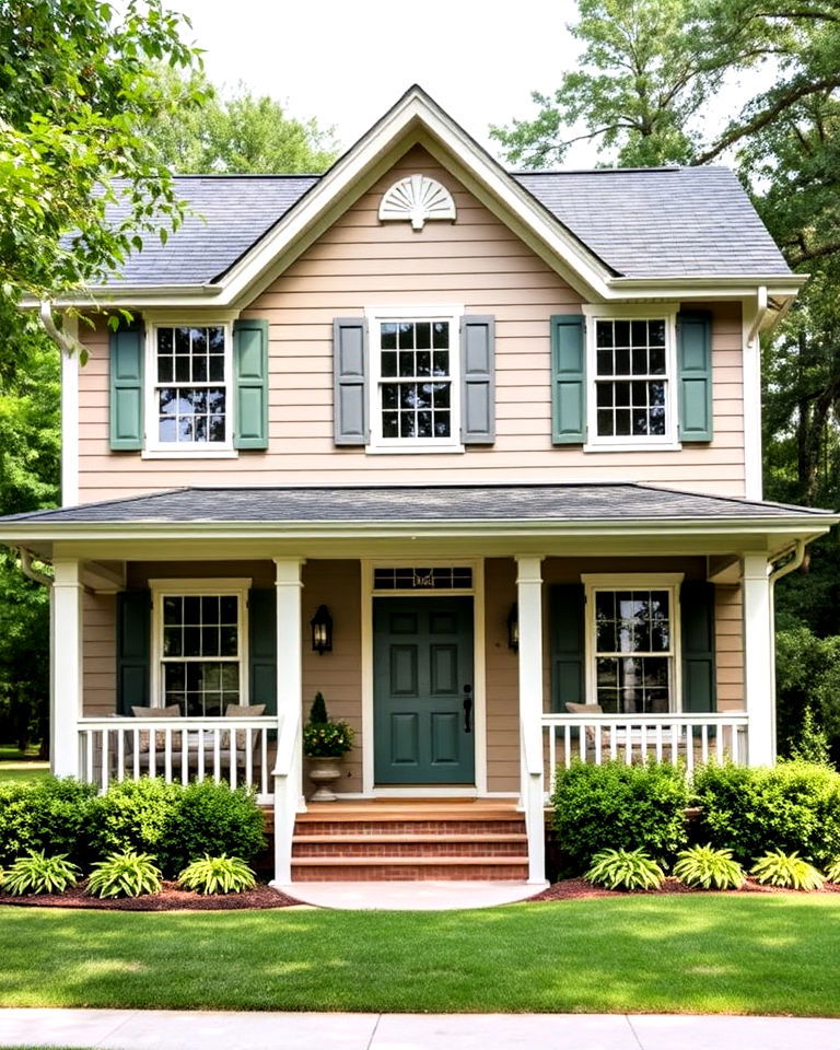 taupe and sage green home with lush gardens - 20 Exterior Taupe House Color Combinations