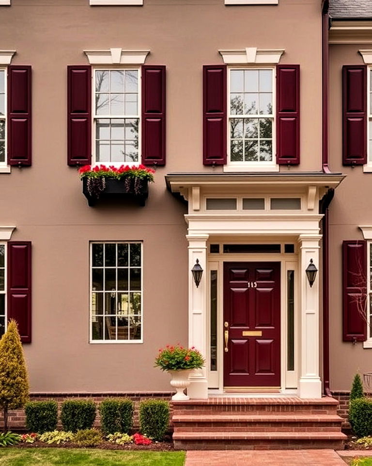 taupe exterior with burgundy front door and shutters - 20 Exterior Taupe House Color Combinations