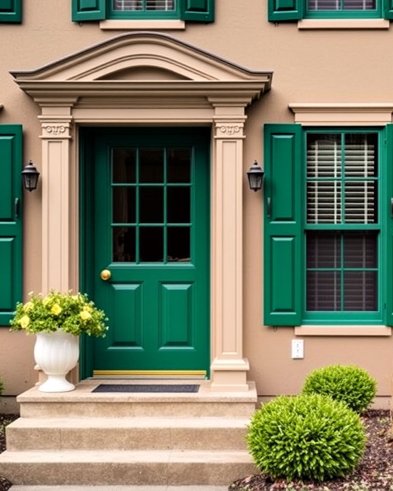 taupe exterior with luxurious emerald green contrast - 20 Exterior Taupe House Color Combinations