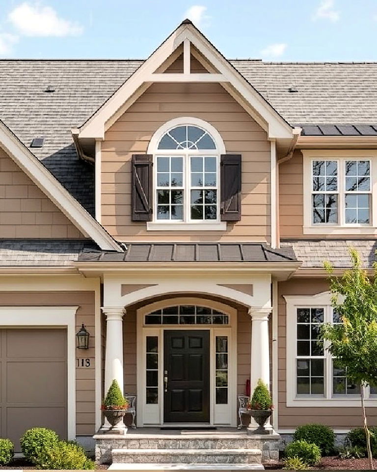 taupe exterior with soft gray roofing and trims - 20 Exterior Taupe House Color Combinations