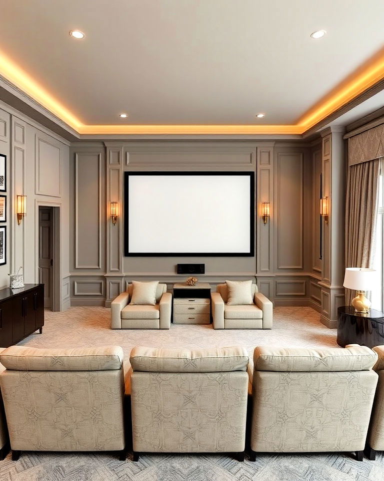 taupe gray with soft gold highlights home theater - 15 Gray Home Theater Paint Color Schemes