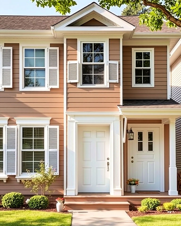 taupe house with crisp white trims and details - 20 Exterior Taupe House Color Combinations