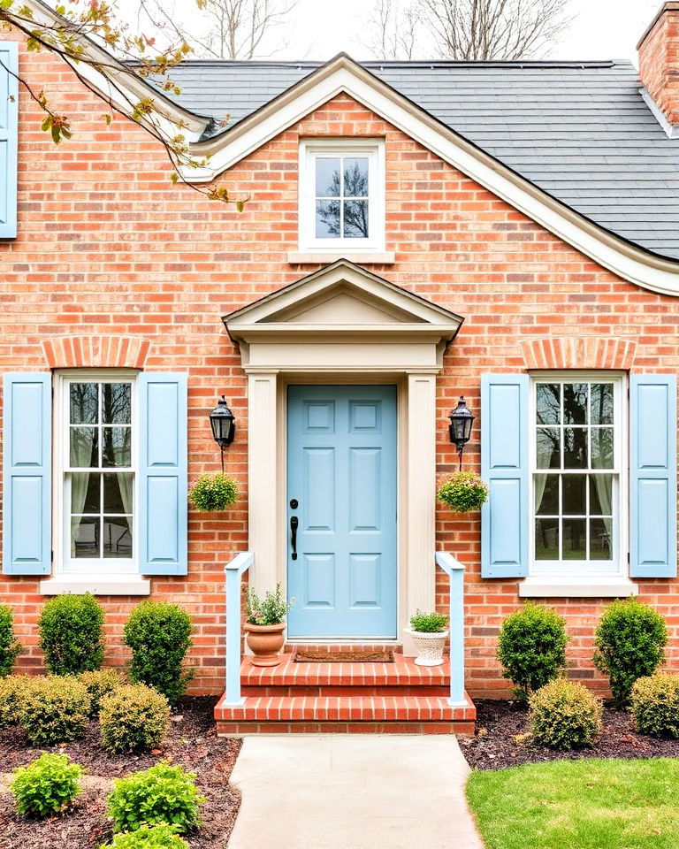 taupe trim paired brick house with dusty blue - 25 Blonde Brick House Color Schemes