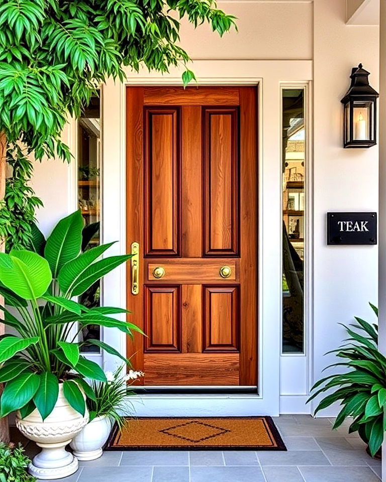 teak tropical vibe stained front door - 20 Stained Front Door Ideas