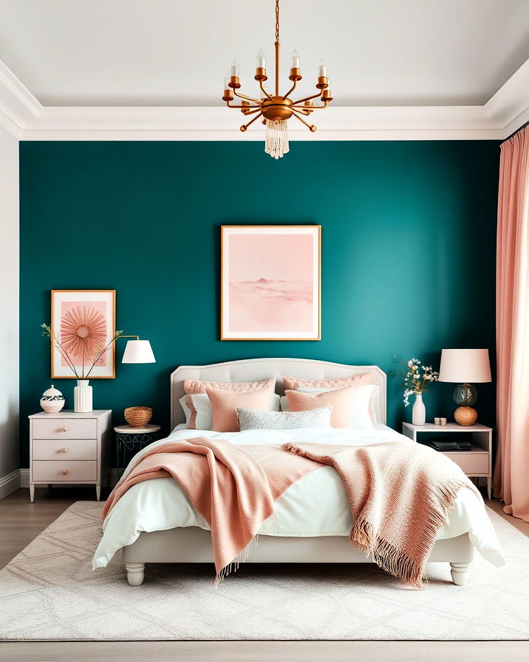 teal accent wall bedroom with pink accessories - 25 Teal and Pink Bedroom Ideas-captions