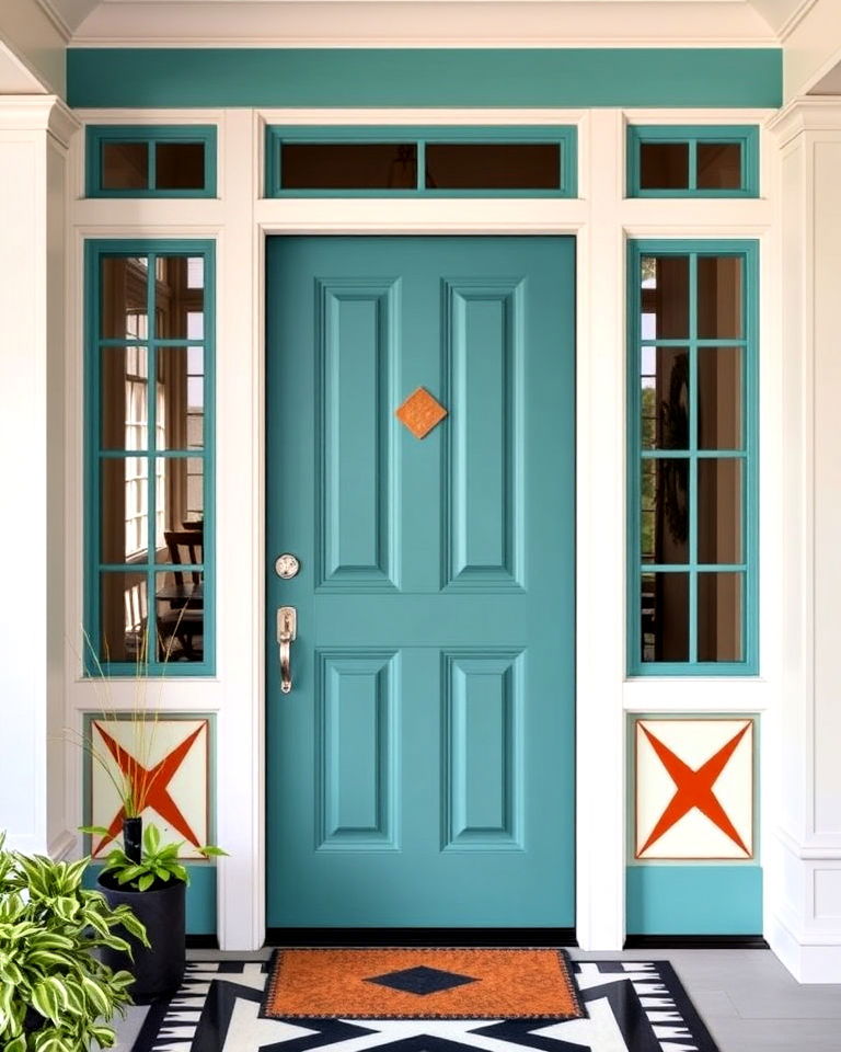 teal and geometric patterns front door - 25 Teal Front Door Ideas