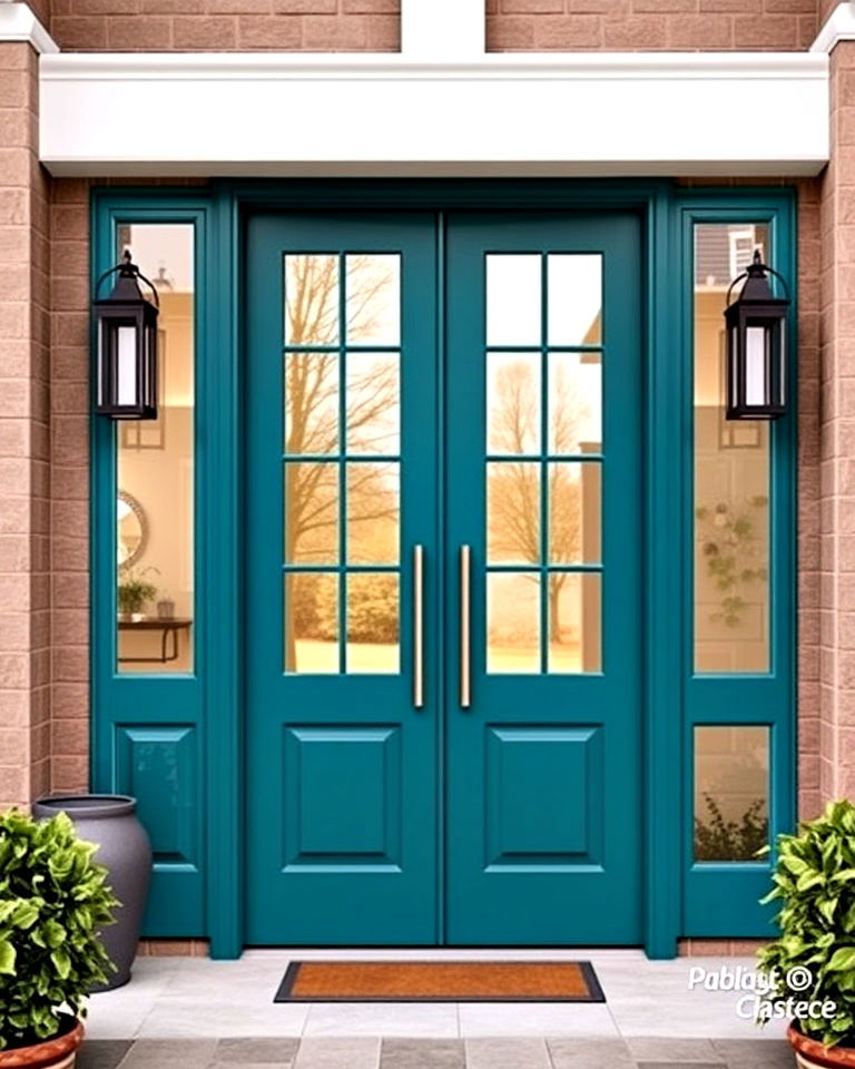 teal and glass panels front door - 25 Teal Front Door Ideas