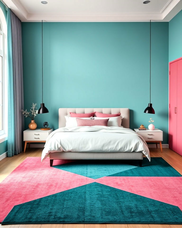 teal and pink geometric patterns bedroom - 25 Teal and Pink Bedroom Ideas-captions