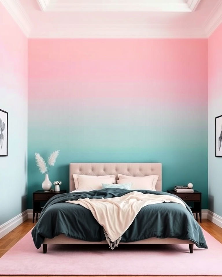 teal and pink ombre wall effect - 25 Teal and Pink Bedroom Ideas-captions