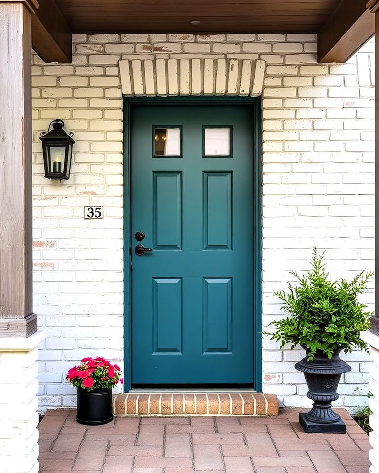 teal and whitewashed brick front door - 25 Teal Front Door Ideas