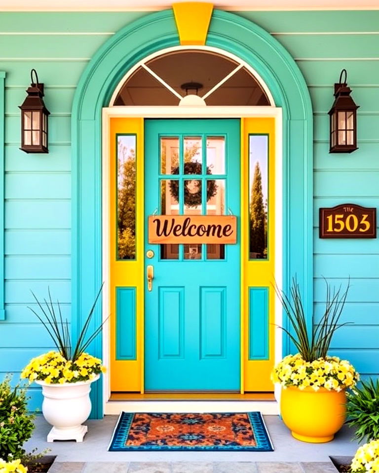 teal and yellow contrast front door - 25 Teal Front Door Ideas