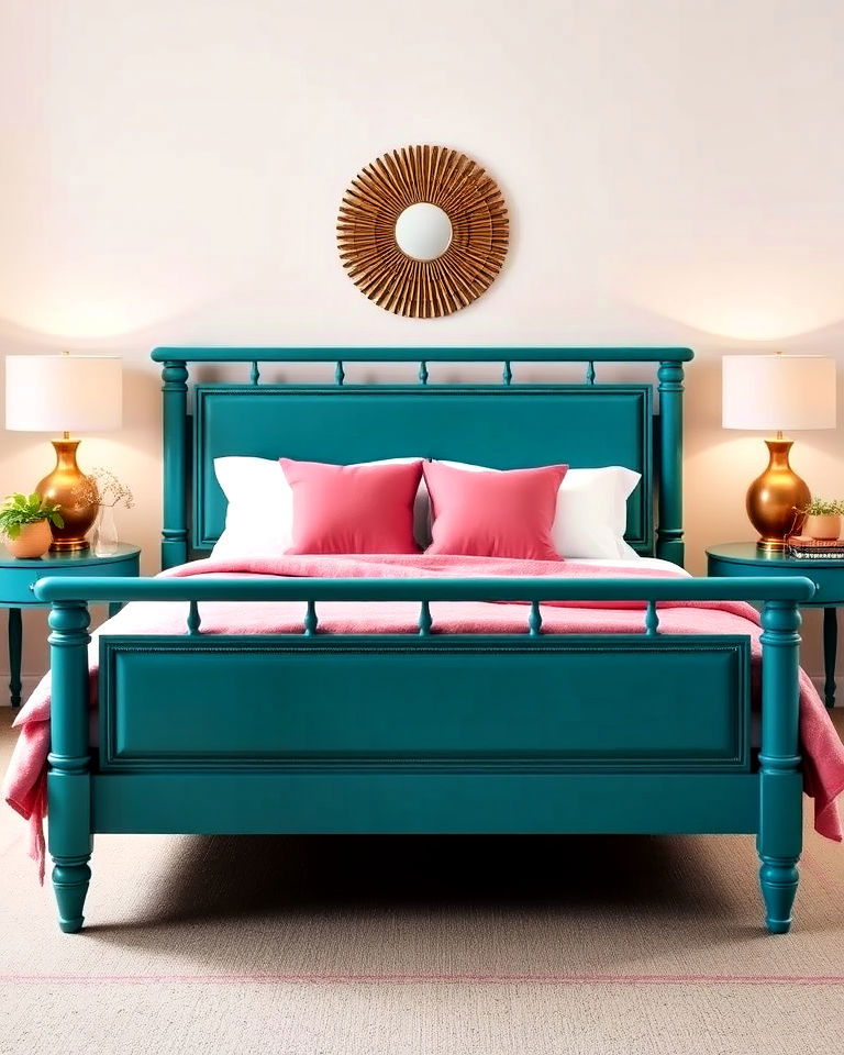 teal bed frame with pink throw pillows - 25 Teal and Pink Bedroom Ideas-captions