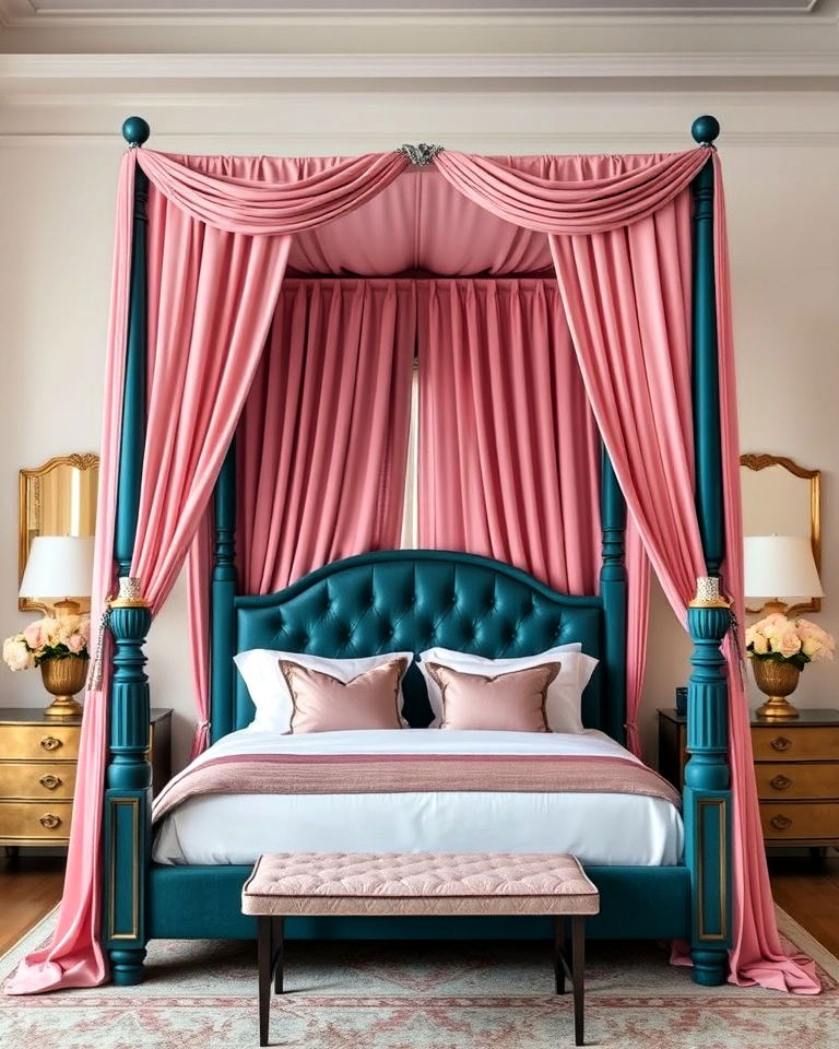 teal canopy bed with pink drapes - 25 Teal and Pink Bedroom Ideas-captions