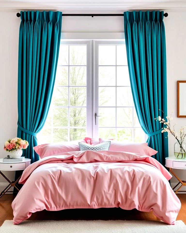 teal curtains with pink bedding - 25 Teal and Pink Bedroom Ideas-captions