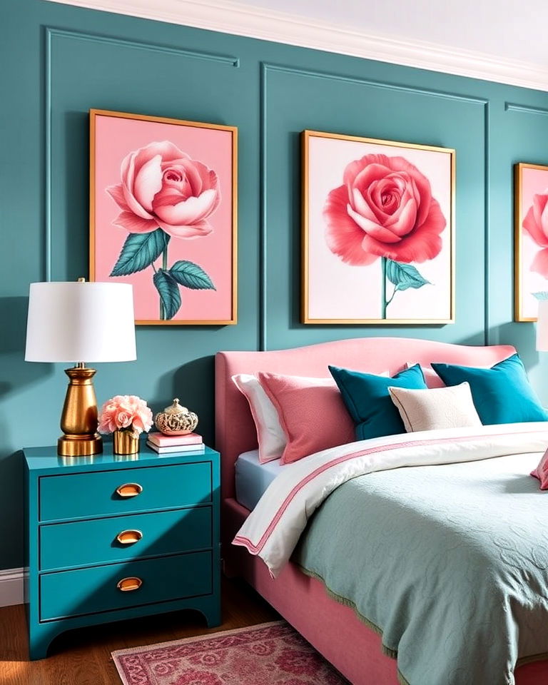 teal furniture bedroom with pink artwork - 25 Teal and Pink Bedroom Ideas-captions