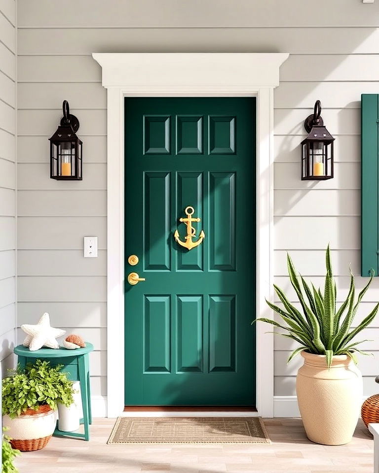 teal green fusion for coastal vibes - 15 Dark Green Front Door Ideas