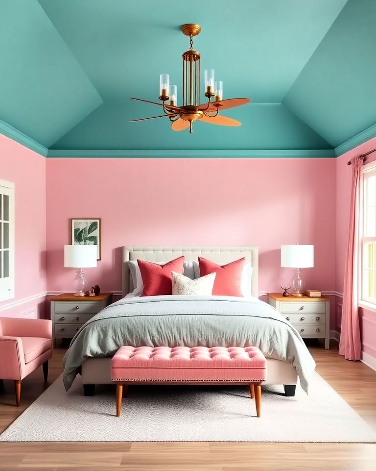 teal painted ceiling with pink furniture - 25 Teal and Pink Bedroom Ideas-captions