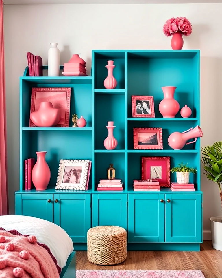 teal shelving with pink decorative items - 25 Teal and Pink Bedroom Ideas-captions