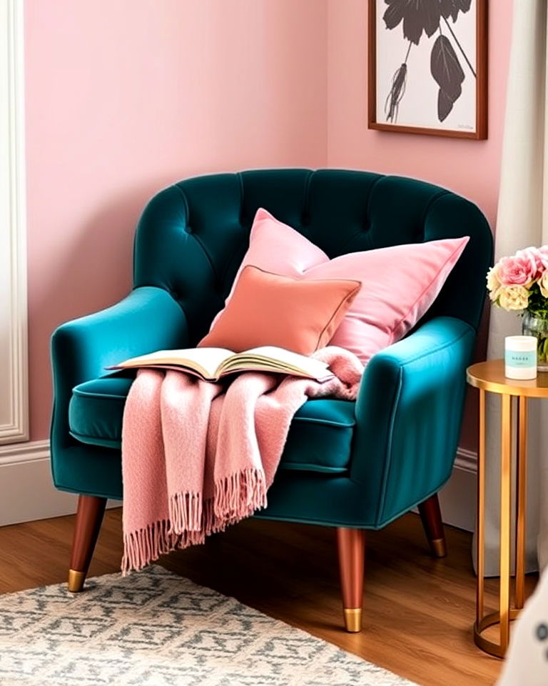 teal velvet chair with pink cushions - 25 Teal and Pink Bedroom Ideas-captions