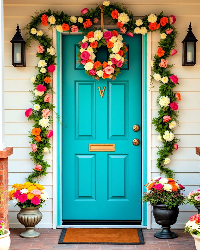 teal with floral accents front door - 25 Teal Front Door Ideas