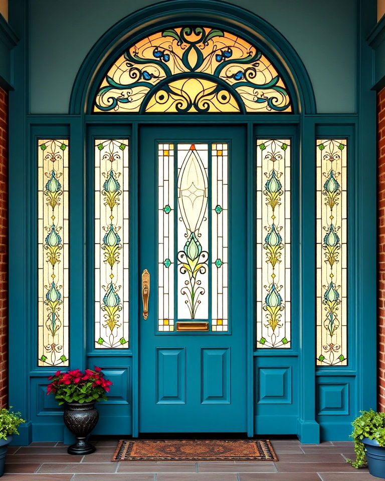 teal with stained glass front door - 25 Teal Front Door Ideas