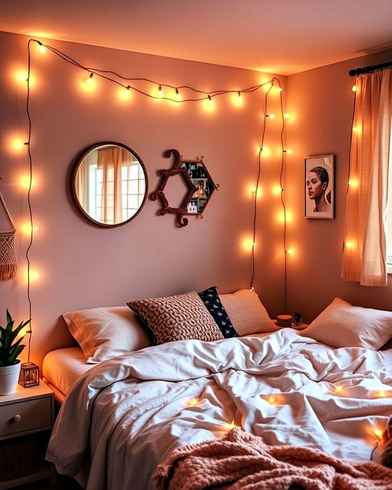 teen bedroom string lights for a magical ambiance - 25 Boho Teen Bedroom Ideas