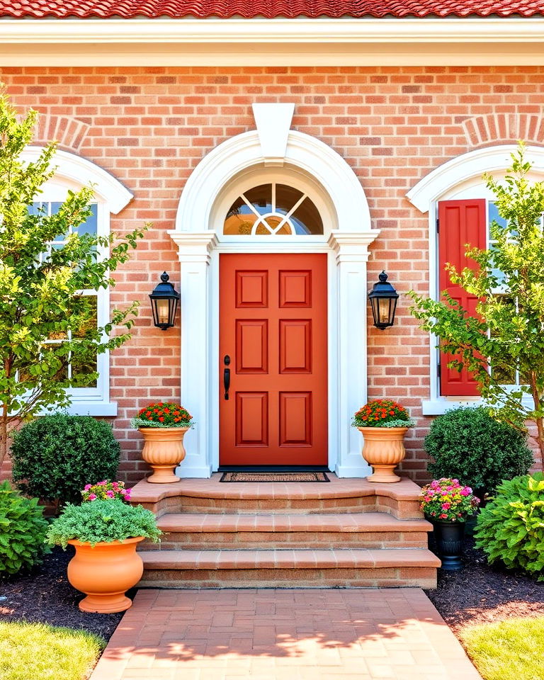 terracotta accents combined with white trim - 25 Blonde Brick House Color Schemes