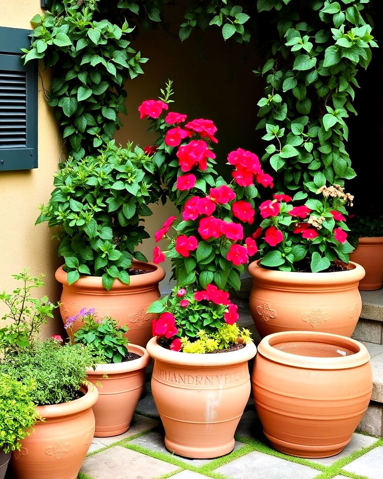 terracotta pots and planters for italian backyard - 20 Italian Backyard Ideas