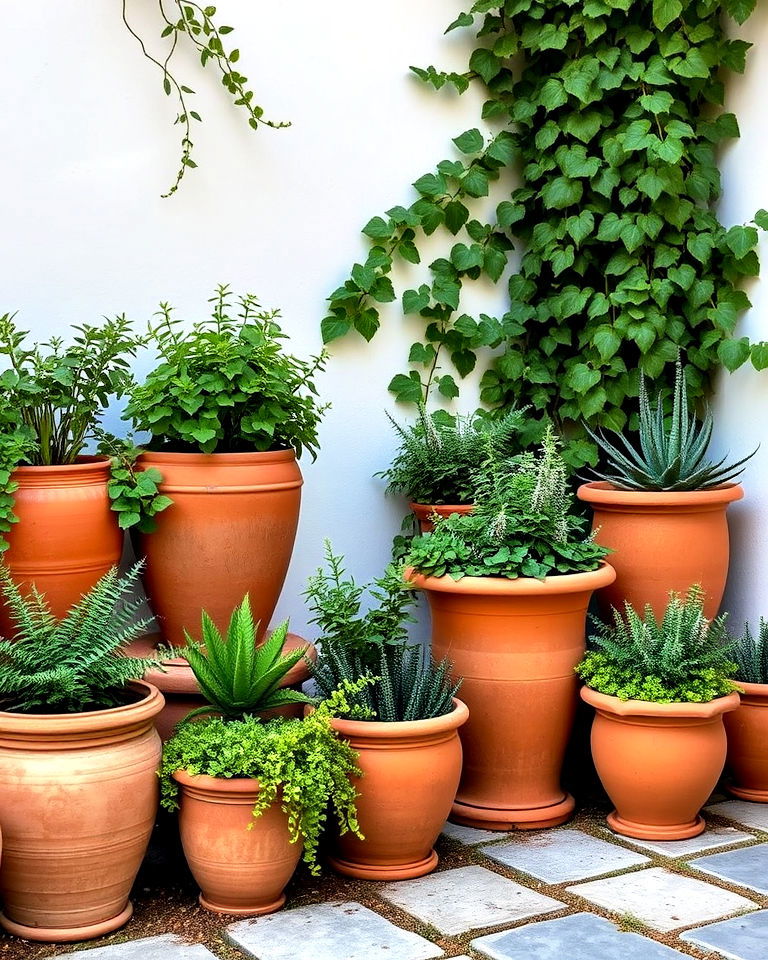 terracotta pots with overflowing greenery - 25 Greek Garden Ideas
