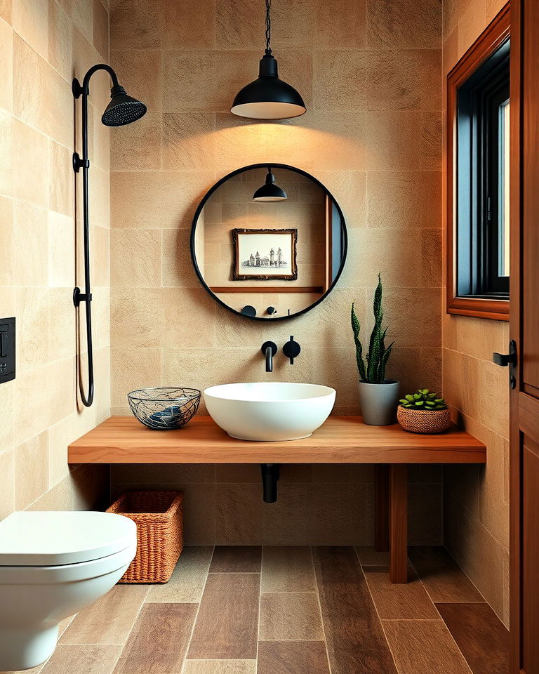 textured clay tiles bathroom - 25 Small Rustic Bathroom Ideas