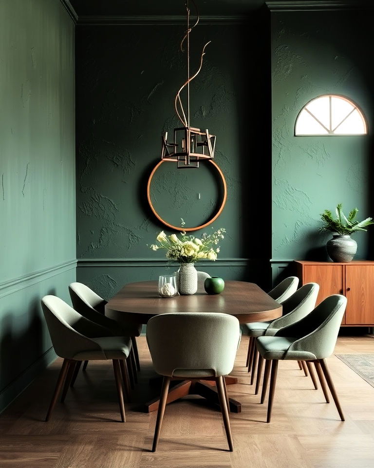 textured green plaster walls dining room - 20 Dark Green Dining Room Ideas