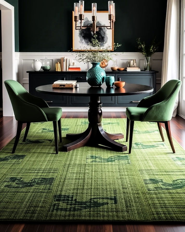 textured green rug - 20 Dark Green Dining Room Ideas
