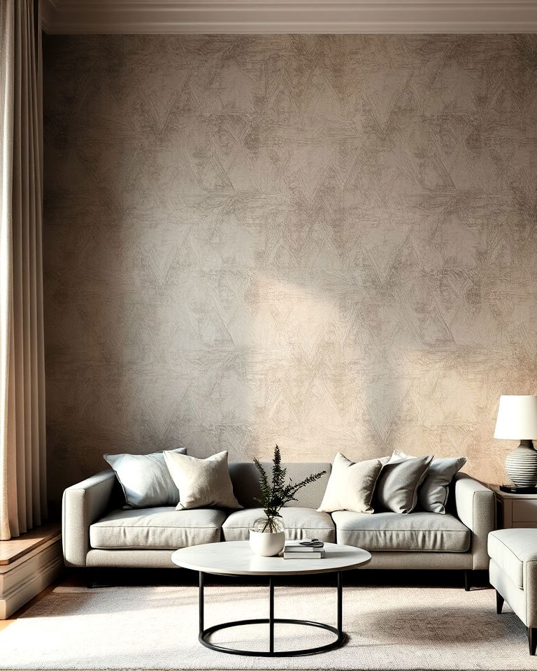 textured wallpaper for neutral boho living room - 15 Neutral Boho Living Room Ideas